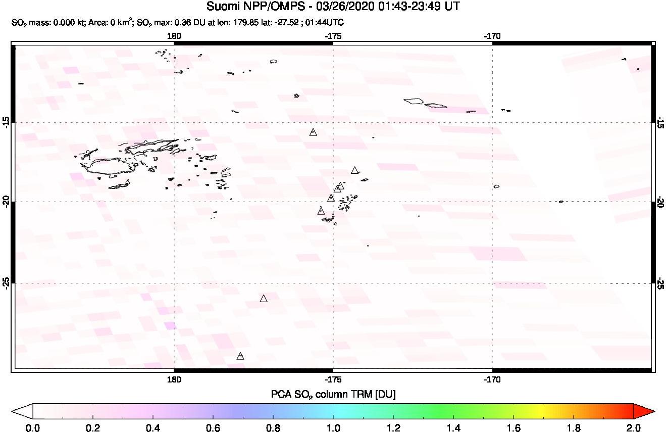 A sulfur dioxide image over Tonga, South Pacific on Mar 26, 2020.