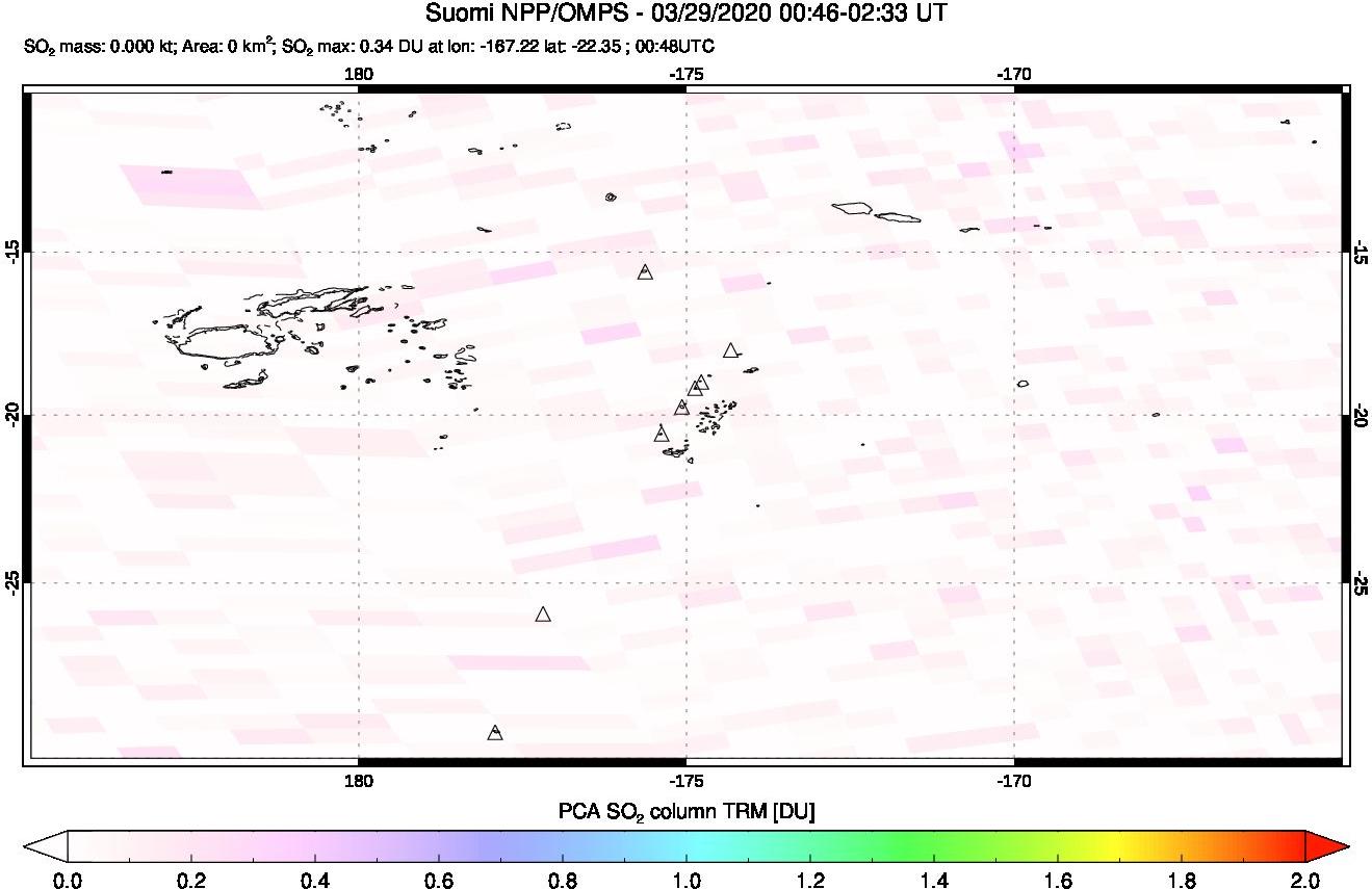 A sulfur dioxide image over Tonga, South Pacific on Mar 29, 2020.