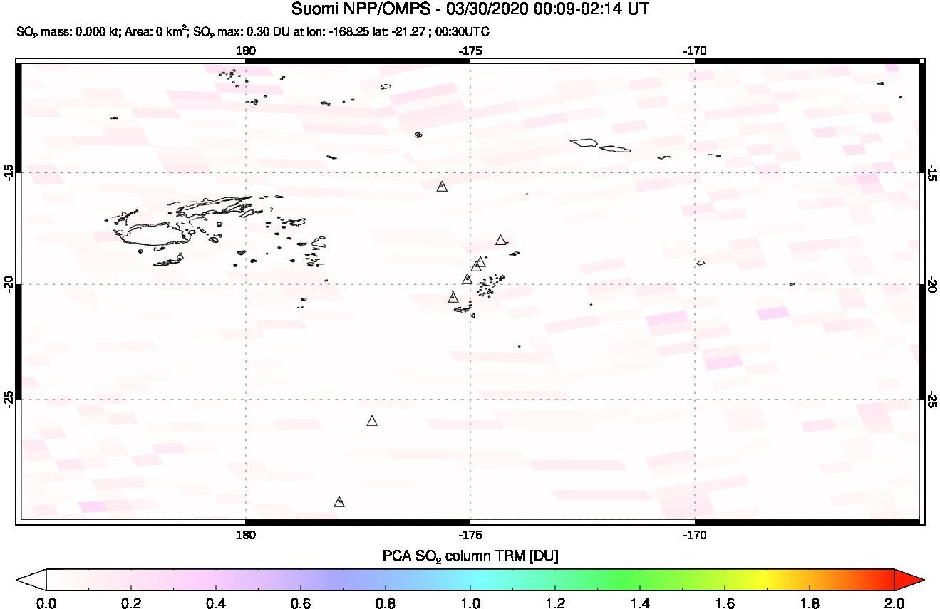 A sulfur dioxide image over Tonga, South Pacific on Mar 30, 2020.