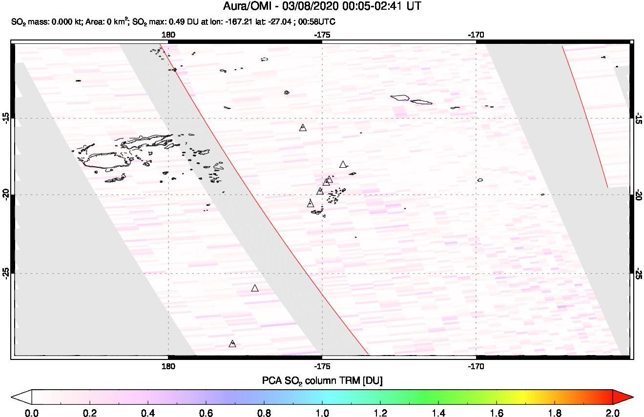 A sulfur dioxide image over Tonga, South Pacific on Mar 08, 2020.