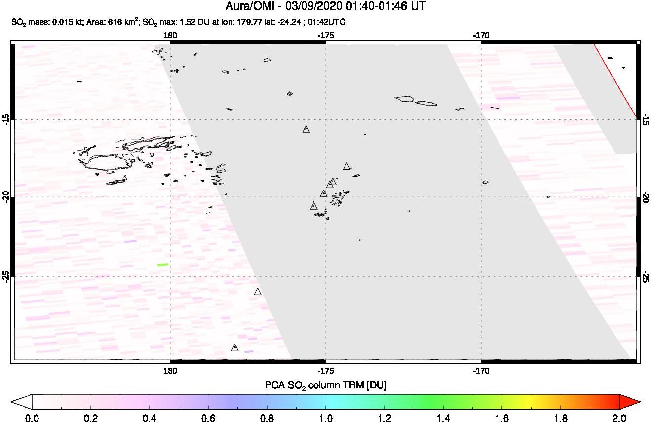 A sulfur dioxide image over Tonga, South Pacific on Mar 09, 2020.