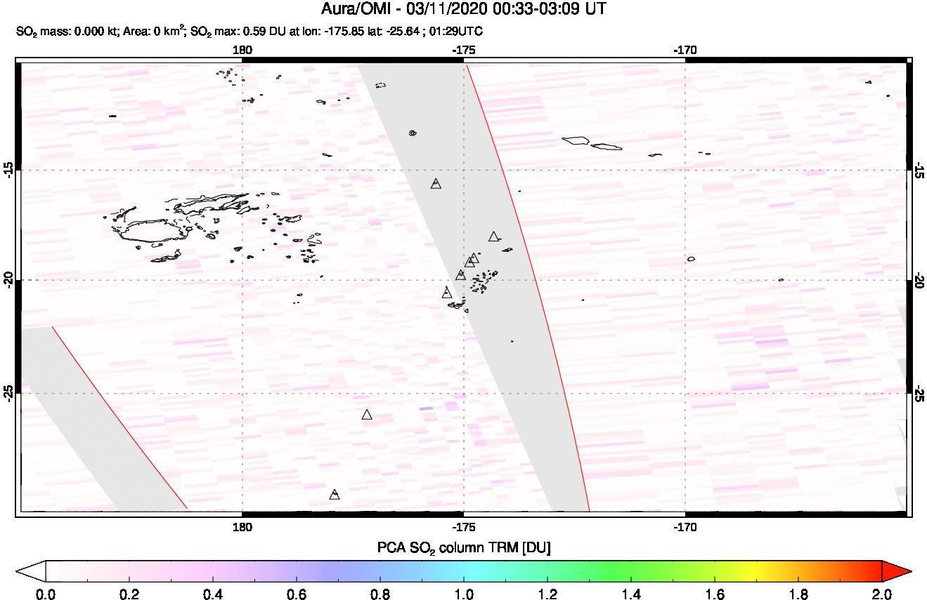 A sulfur dioxide image over Tonga, South Pacific on Mar 11, 2020.