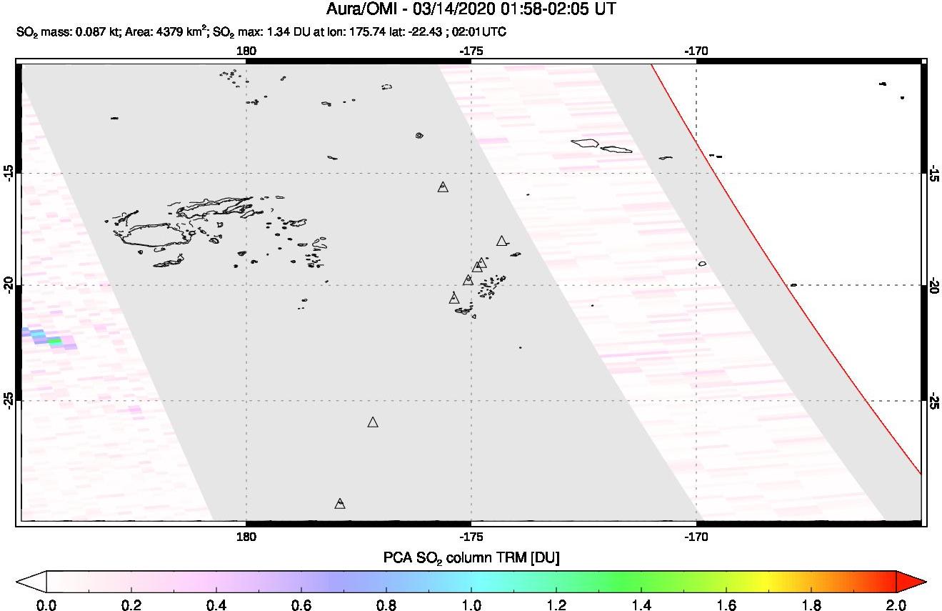 A sulfur dioxide image over Tonga, South Pacific on Mar 14, 2020.