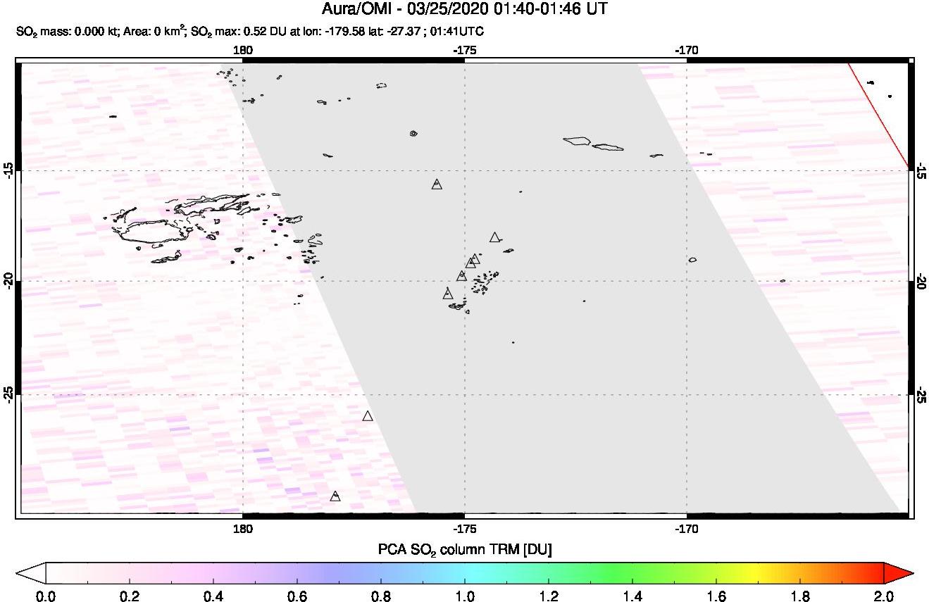 A sulfur dioxide image over Tonga, South Pacific on Mar 25, 2020.
