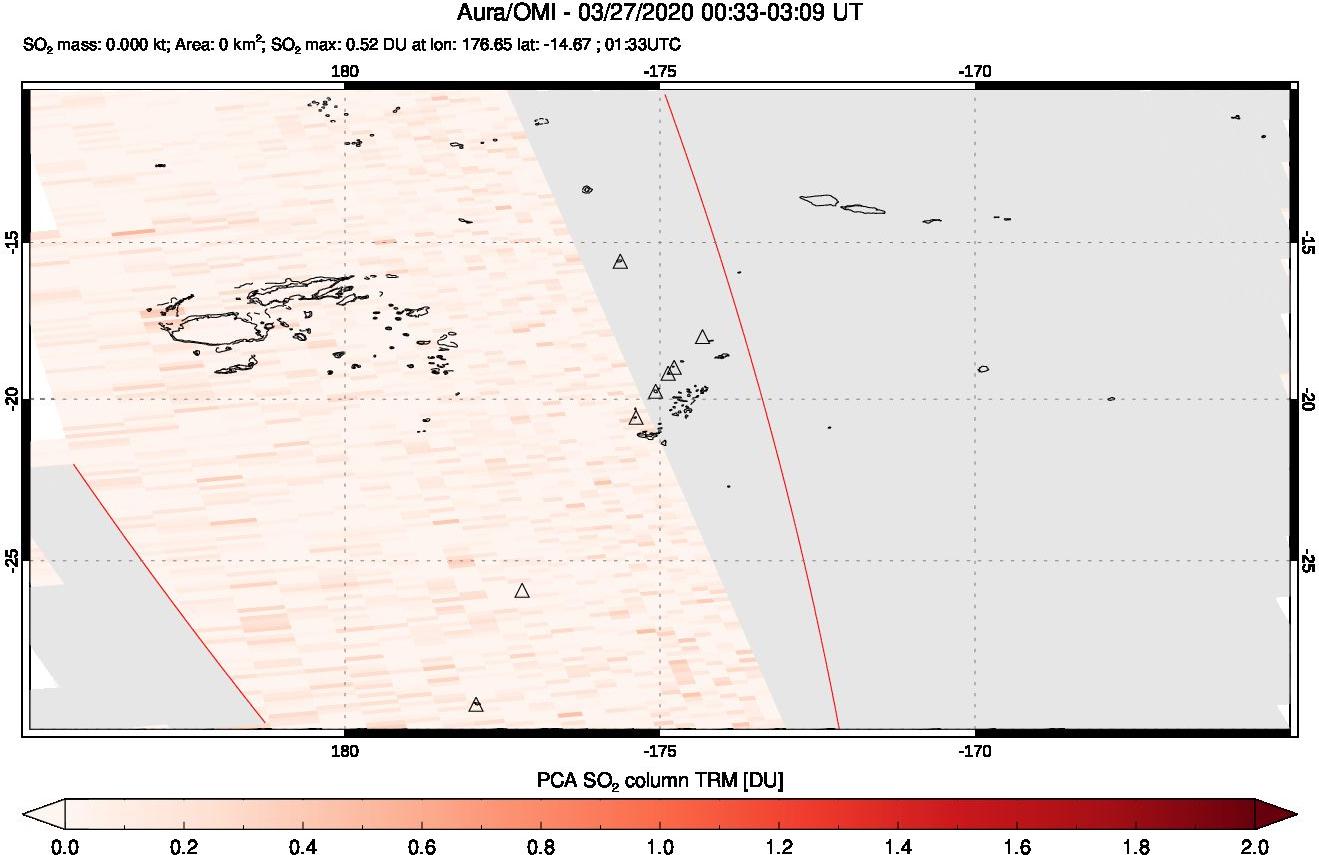 A sulfur dioxide image over Tonga, South Pacific on Mar 27, 2020.
