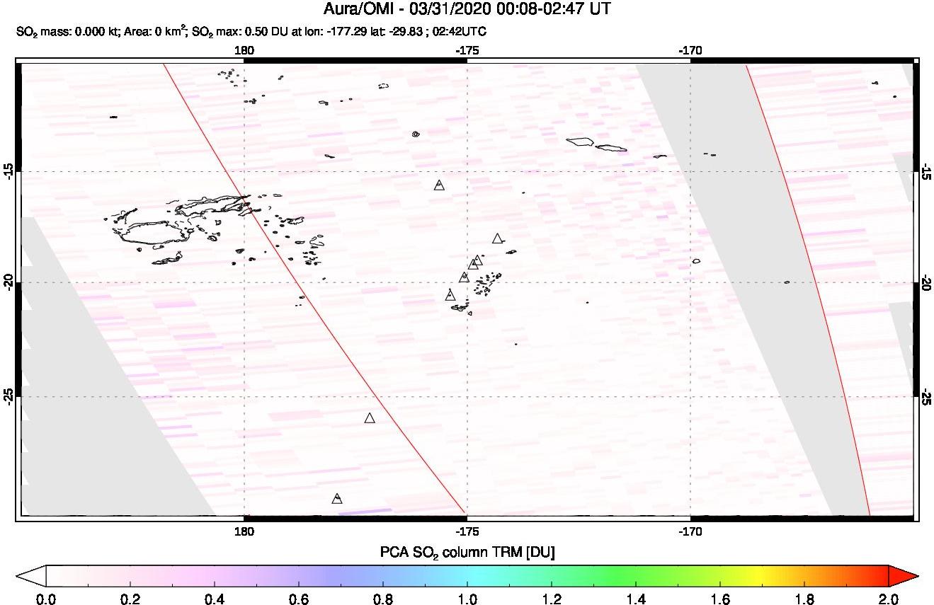 A sulfur dioxide image over Tonga, South Pacific on Mar 31, 2020.
