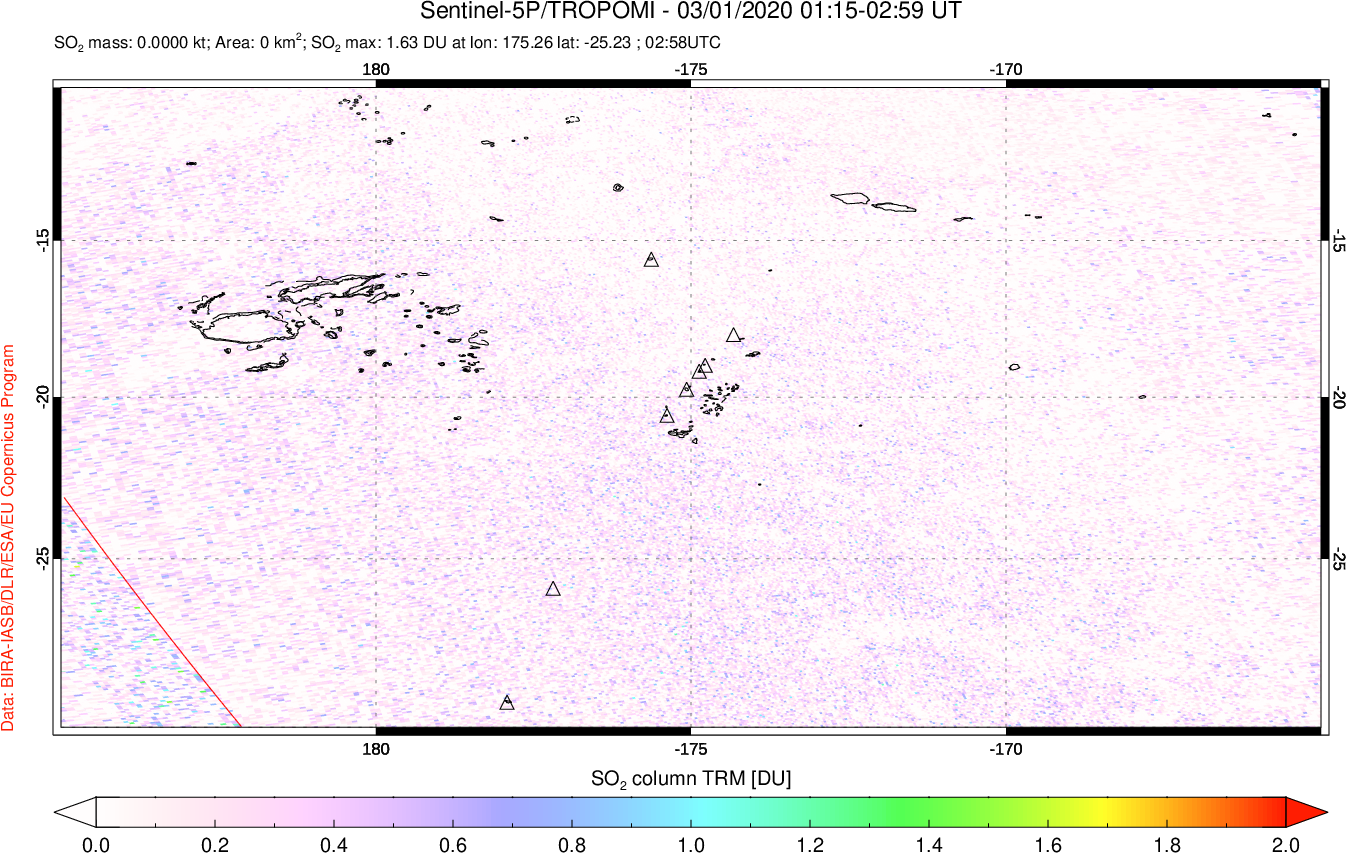 A sulfur dioxide image over Tonga, South Pacific on Mar 01, 2020.