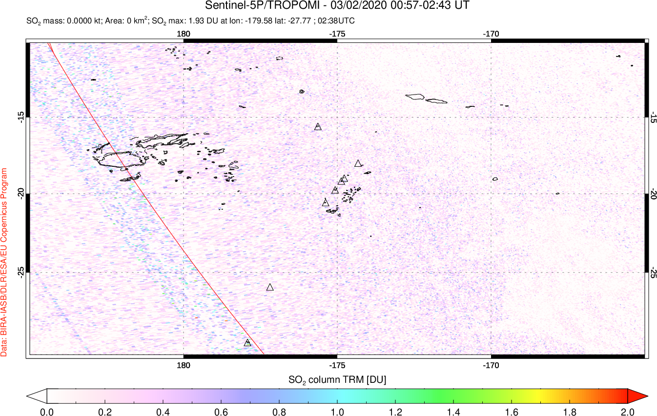A sulfur dioxide image over Tonga, South Pacific on Mar 02, 2020.