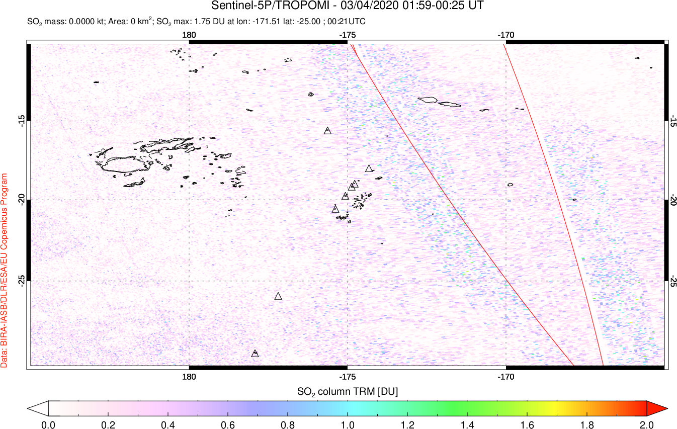 A sulfur dioxide image over Tonga, South Pacific on Mar 04, 2020.
