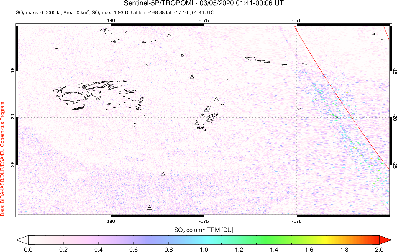 A sulfur dioxide image over Tonga, South Pacific on Mar 05, 2020.