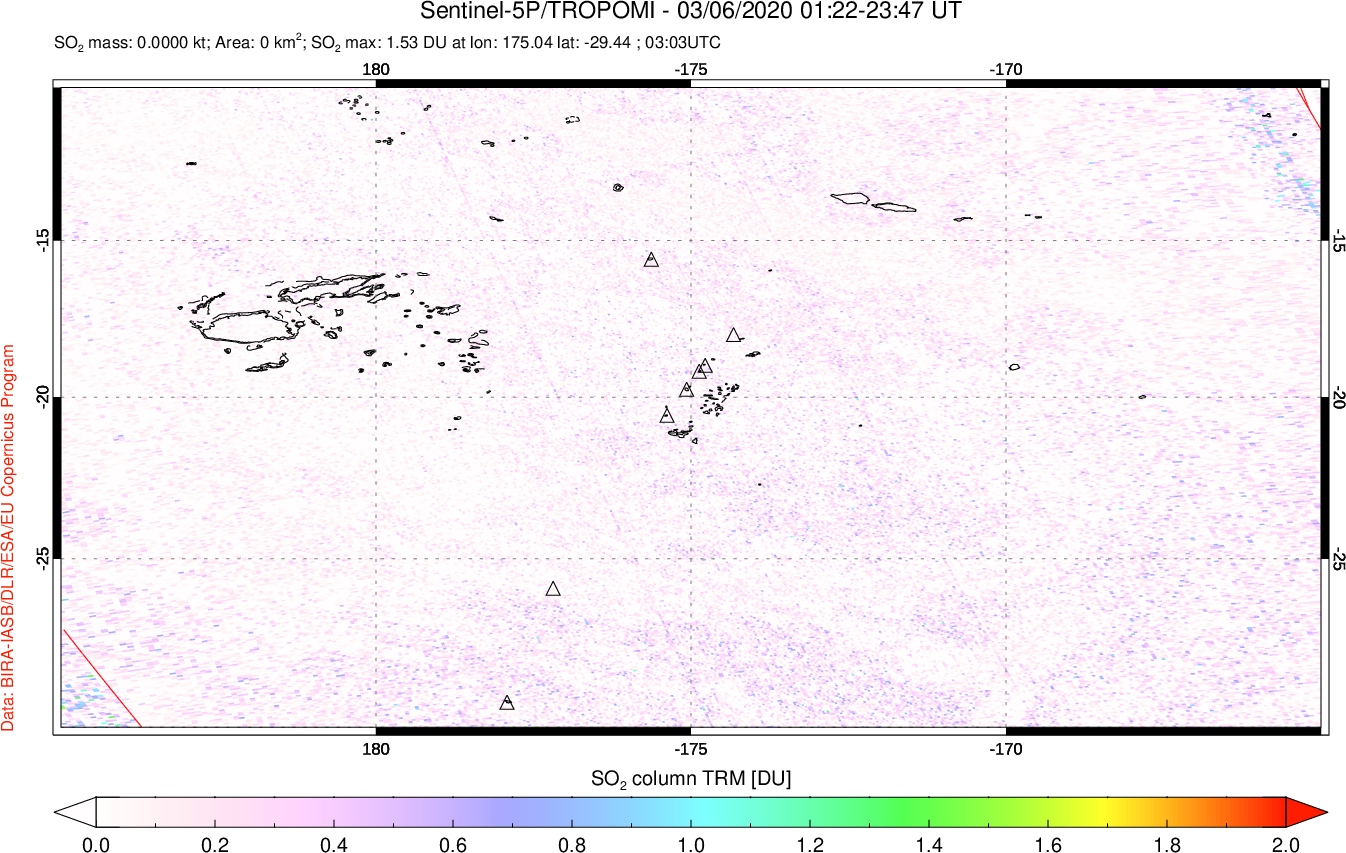 A sulfur dioxide image over Tonga, South Pacific on Mar 06, 2020.