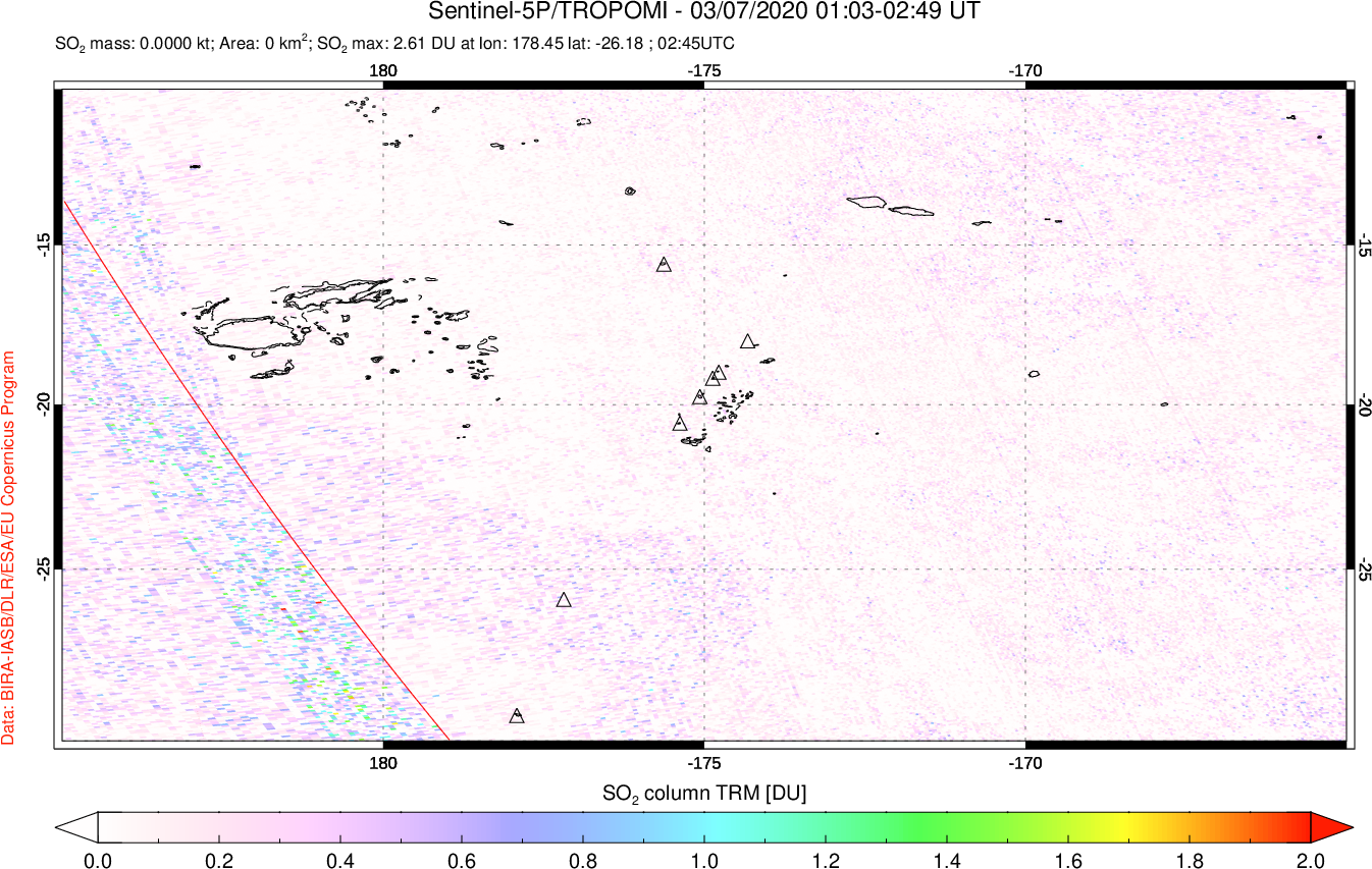 A sulfur dioxide image over Tonga, South Pacific on Mar 07, 2020.
