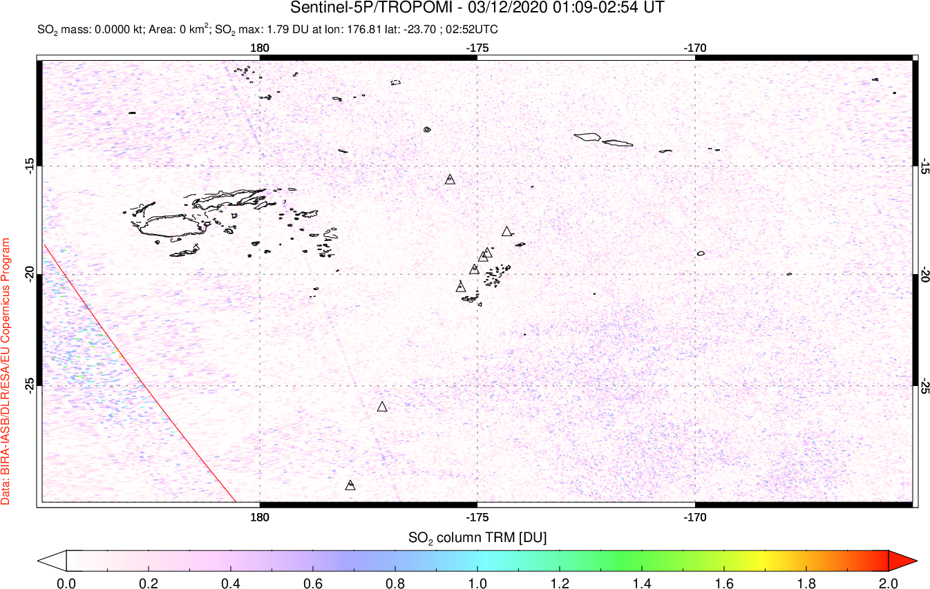 A sulfur dioxide image over Tonga, South Pacific on Mar 12, 2020.