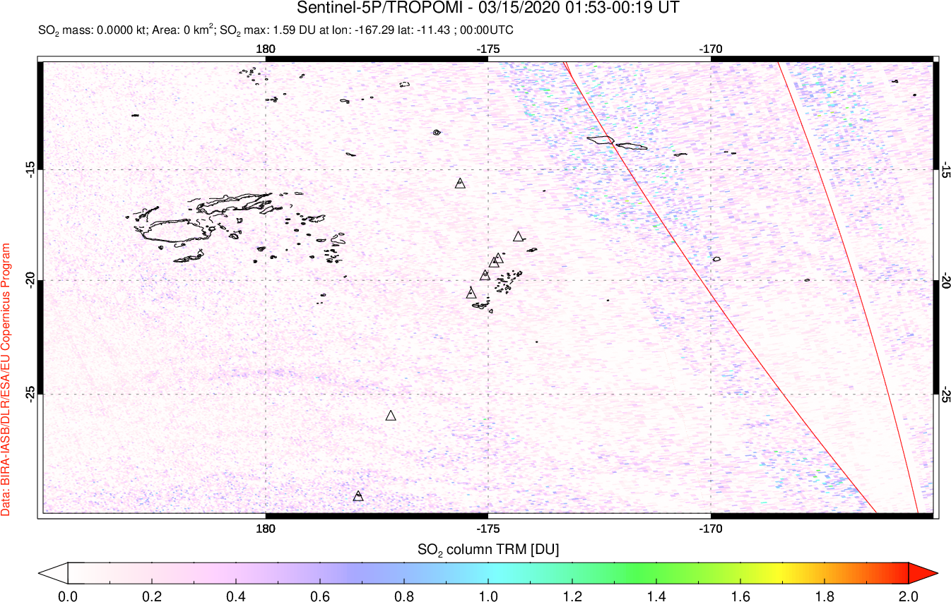 A sulfur dioxide image over Tonga, South Pacific on Mar 15, 2020.