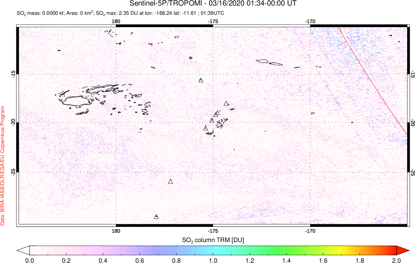 A sulfur dioxide image over Tonga, South Pacific on Mar 16, 2020.