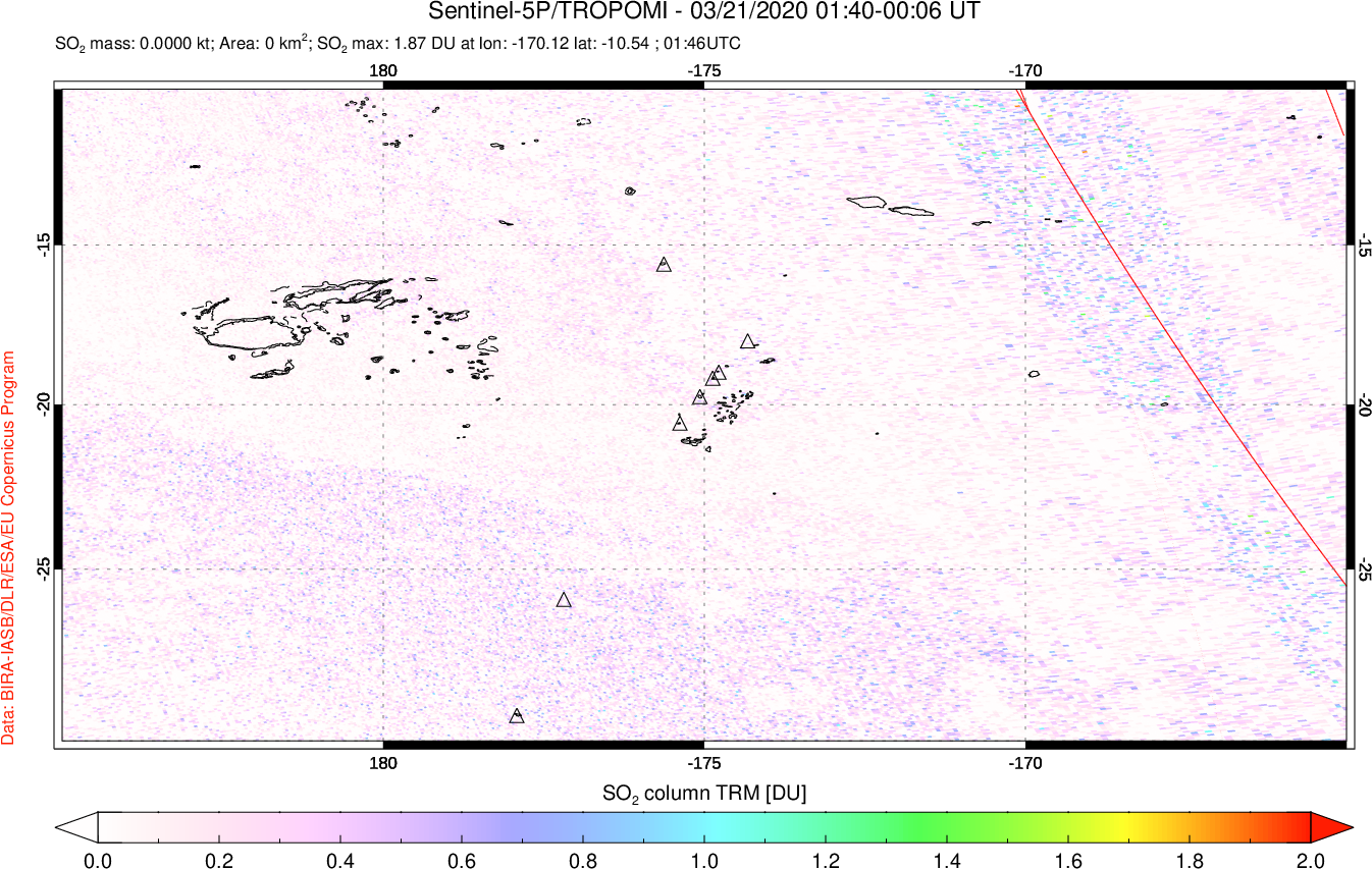 A sulfur dioxide image over Tonga, South Pacific on Mar 21, 2020.