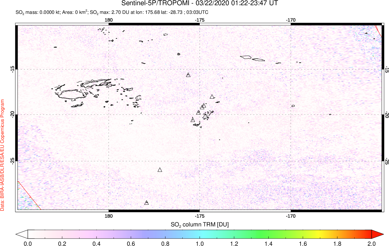 A sulfur dioxide image over Tonga, South Pacific on Mar 22, 2020.