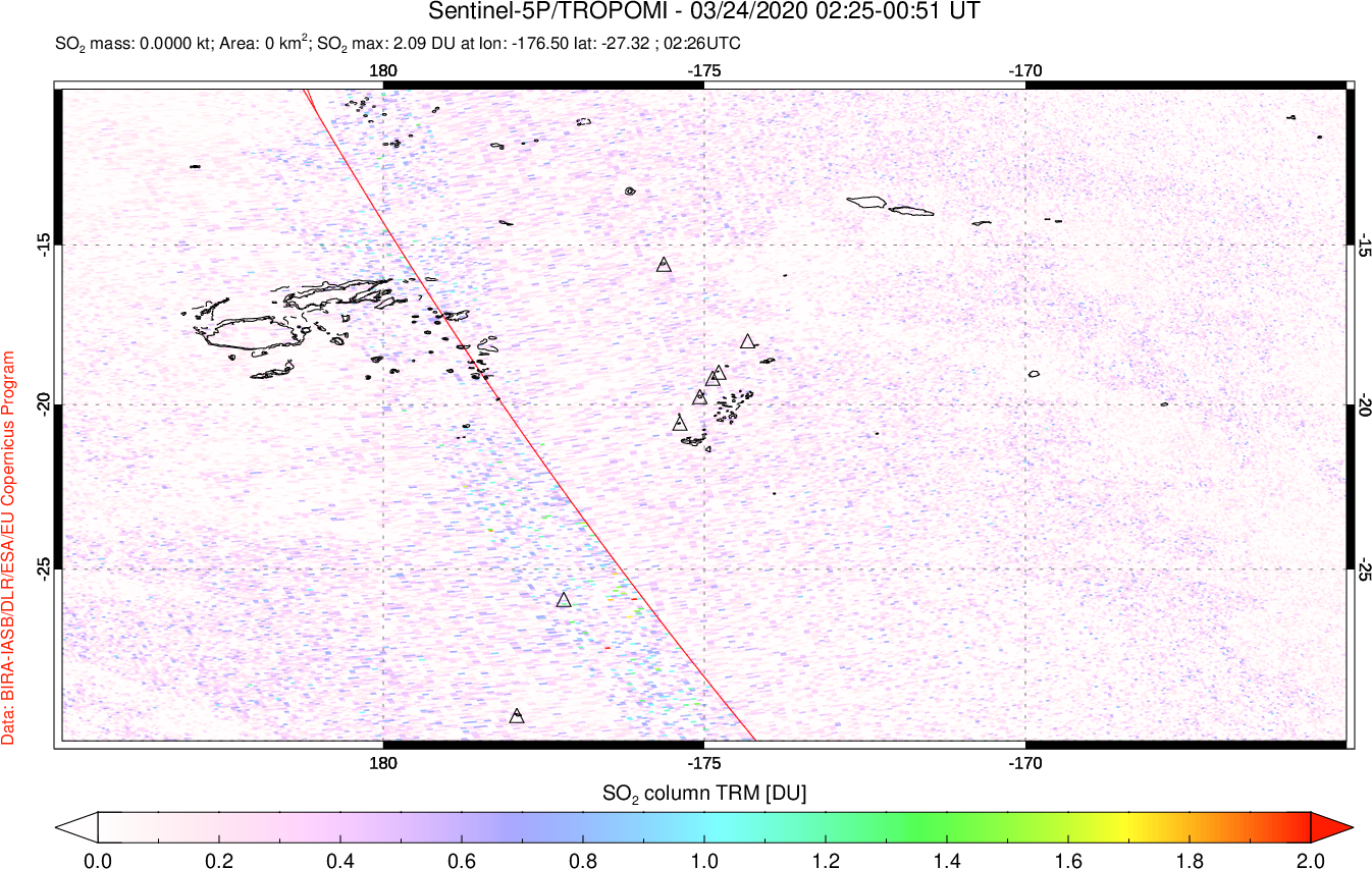 A sulfur dioxide image over Tonga, South Pacific on Mar 24, 2020.