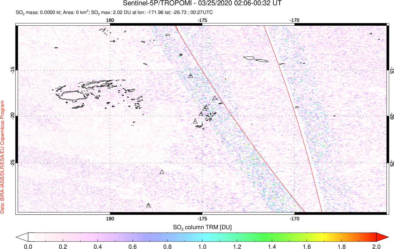 A sulfur dioxide image over Tonga, South Pacific on Mar 25, 2020.