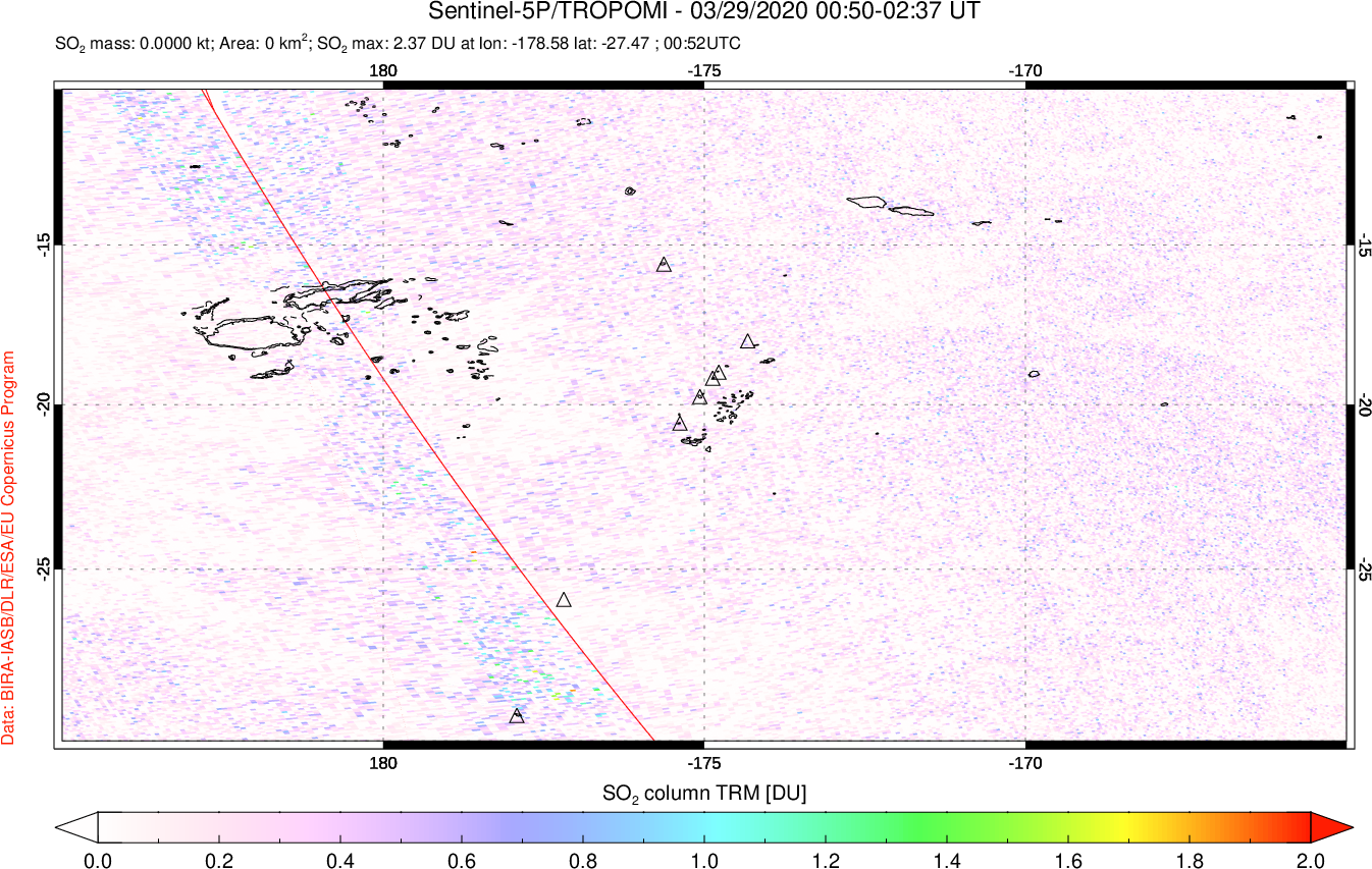 A sulfur dioxide image over Tonga, South Pacific on Mar 29, 2020.