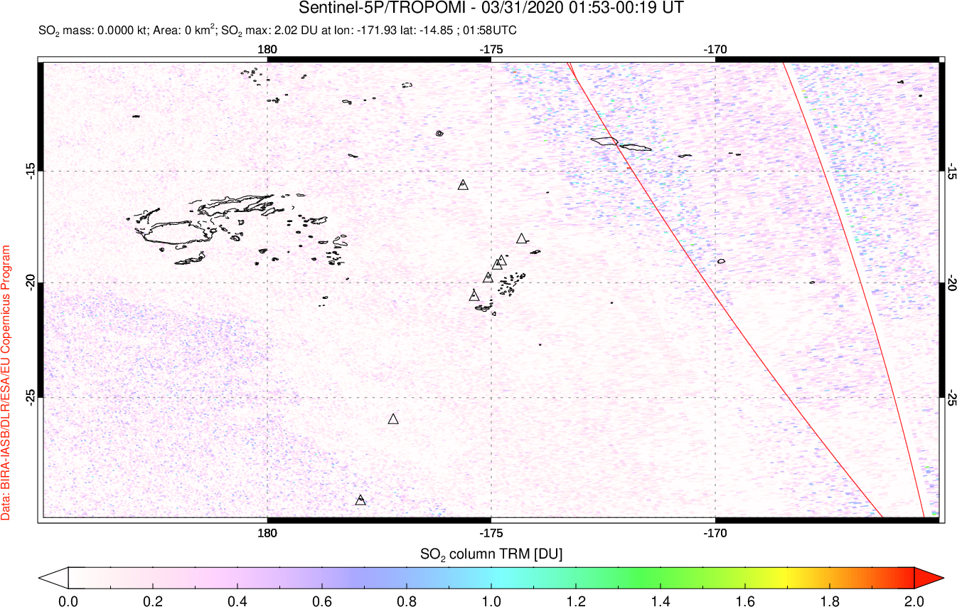 A sulfur dioxide image over Tonga, South Pacific on Mar 31, 2020.