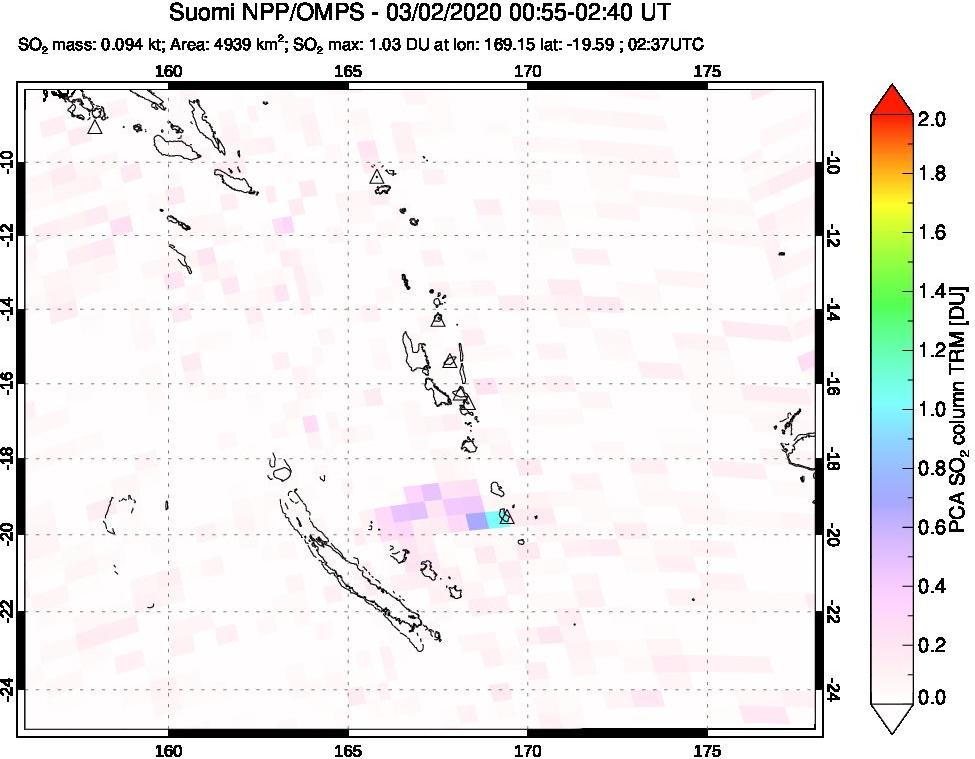 A sulfur dioxide image over Vanuatu, South Pacific on Mar 02, 2020.