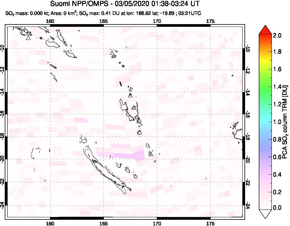 A sulfur dioxide image over Vanuatu, South Pacific on Mar 05, 2020.
