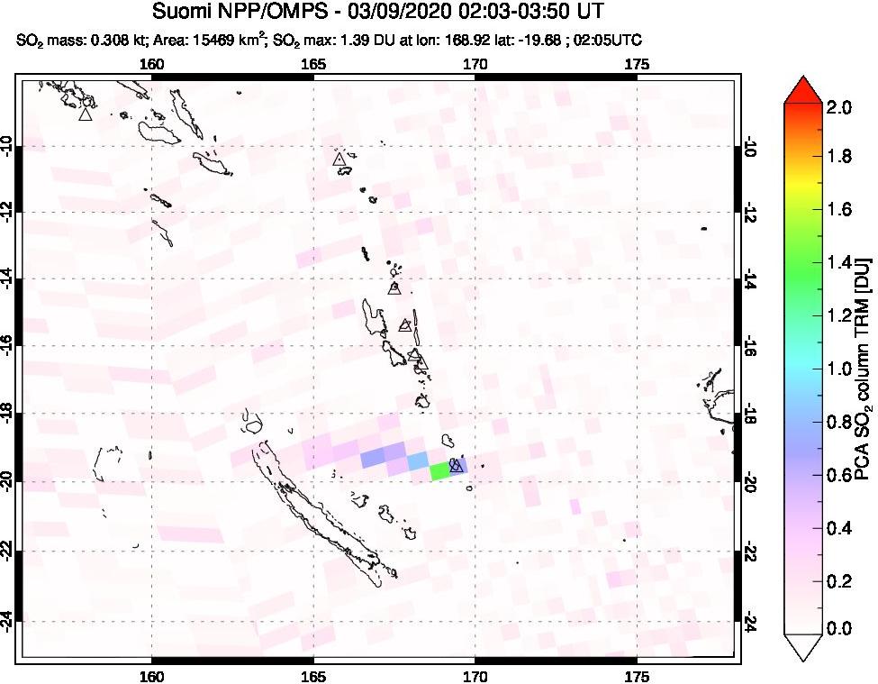 A sulfur dioxide image over Vanuatu, South Pacific on Mar 09, 2020.
