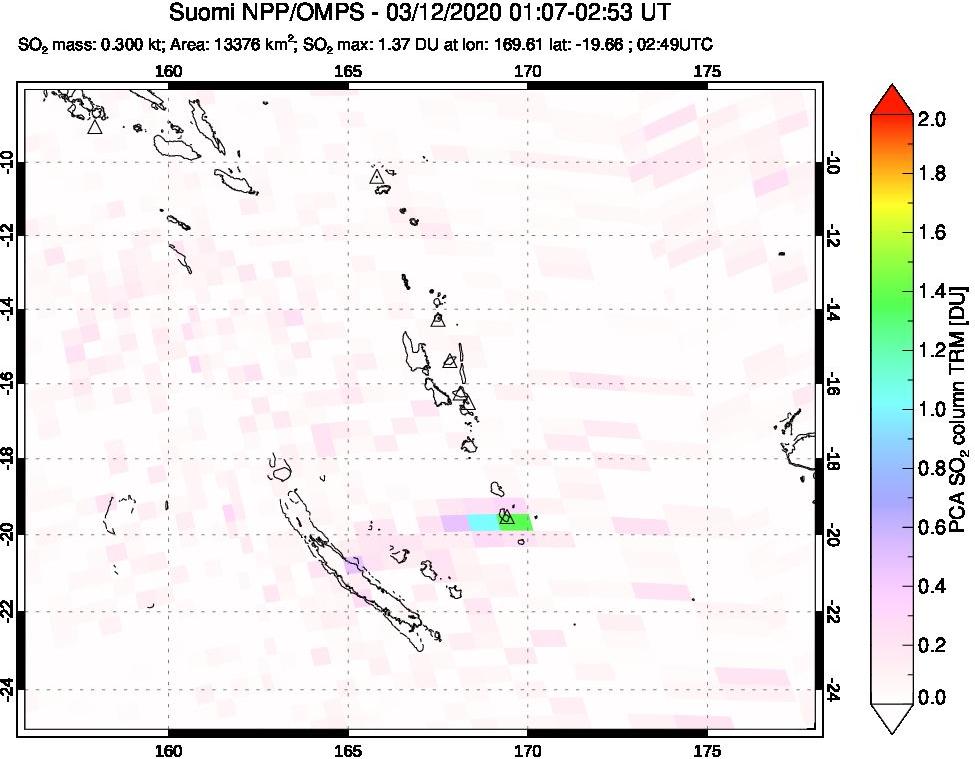 A sulfur dioxide image over Vanuatu, South Pacific on Mar 12, 2020.