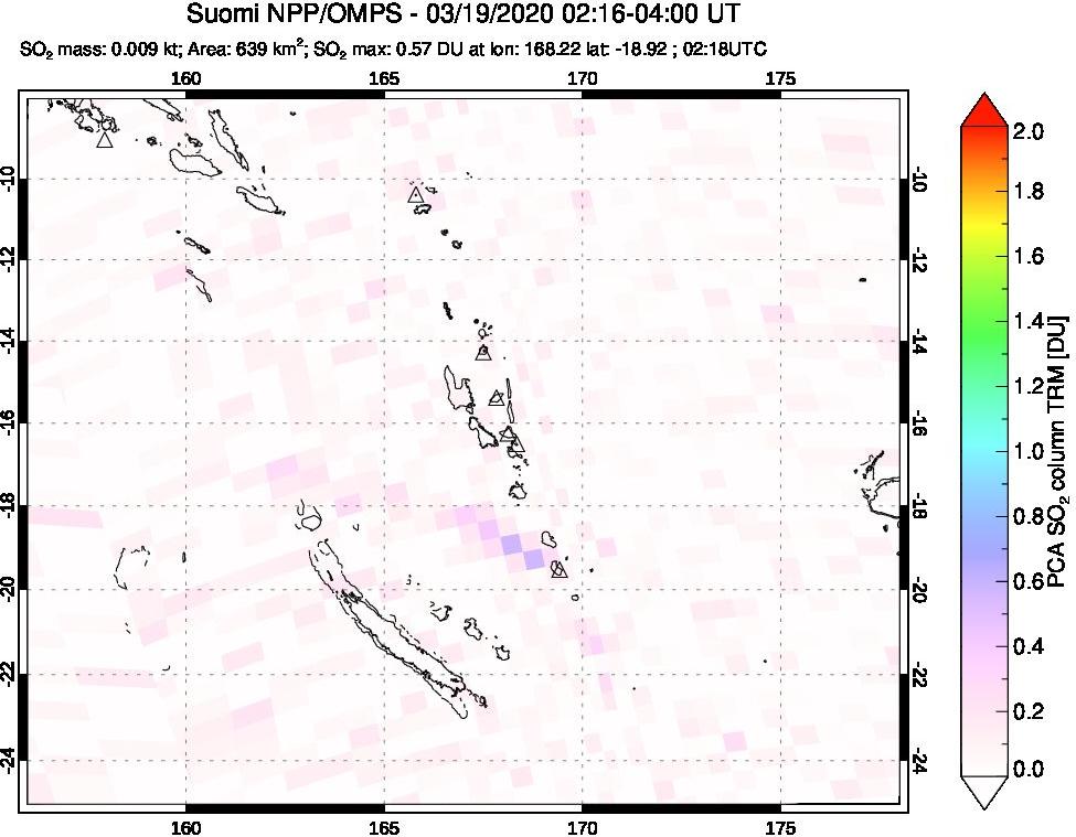 A sulfur dioxide image over Vanuatu, South Pacific on Mar 19, 2020.