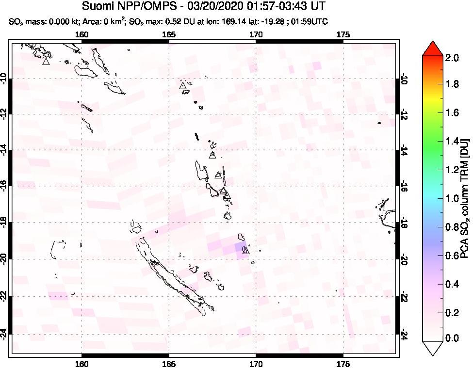 A sulfur dioxide image over Vanuatu, South Pacific on Mar 20, 2020.