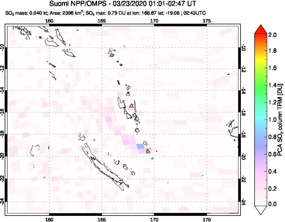 A sulfur dioxide image over Vanuatu, South Pacific on Mar 23, 2020.