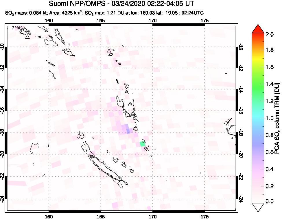 A sulfur dioxide image over Vanuatu, South Pacific on Mar 24, 2020.