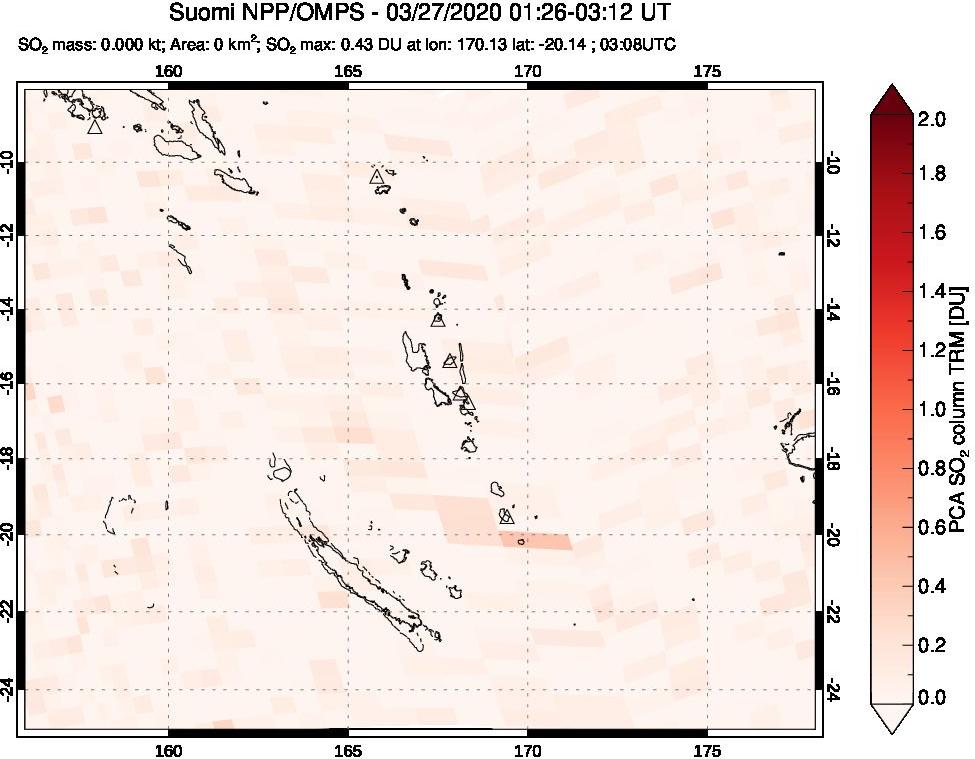 A sulfur dioxide image over Vanuatu, South Pacific on Mar 27, 2020.