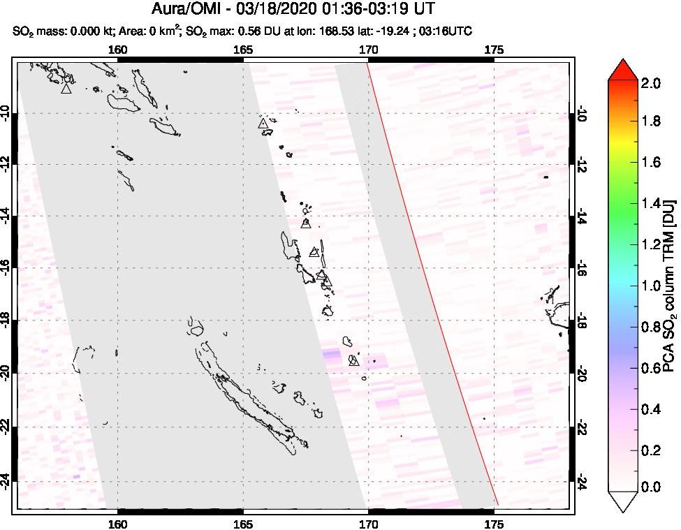 A sulfur dioxide image over Vanuatu, South Pacific on Mar 18, 2020.