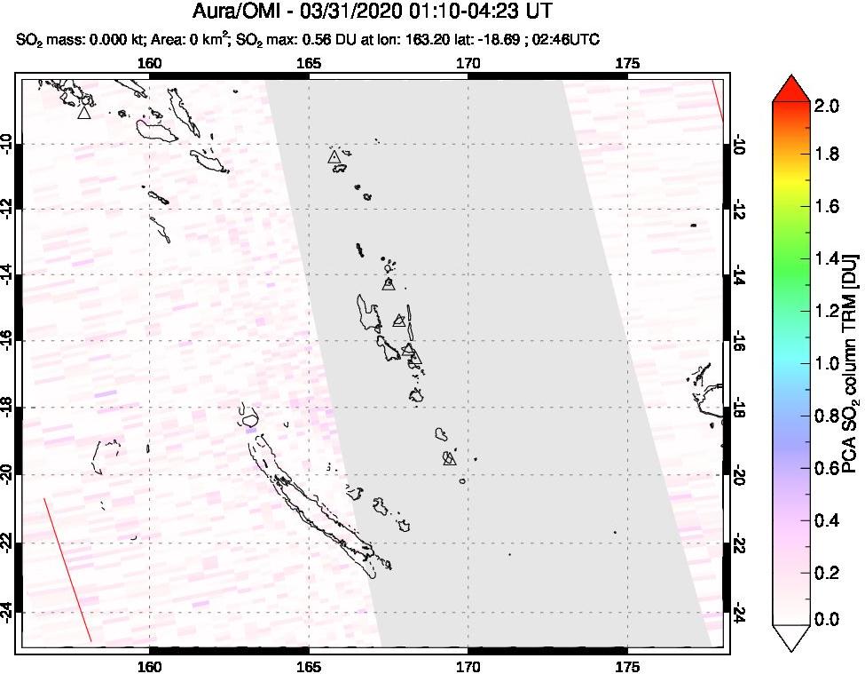 A sulfur dioxide image over Vanuatu, South Pacific on Mar 31, 2020.
