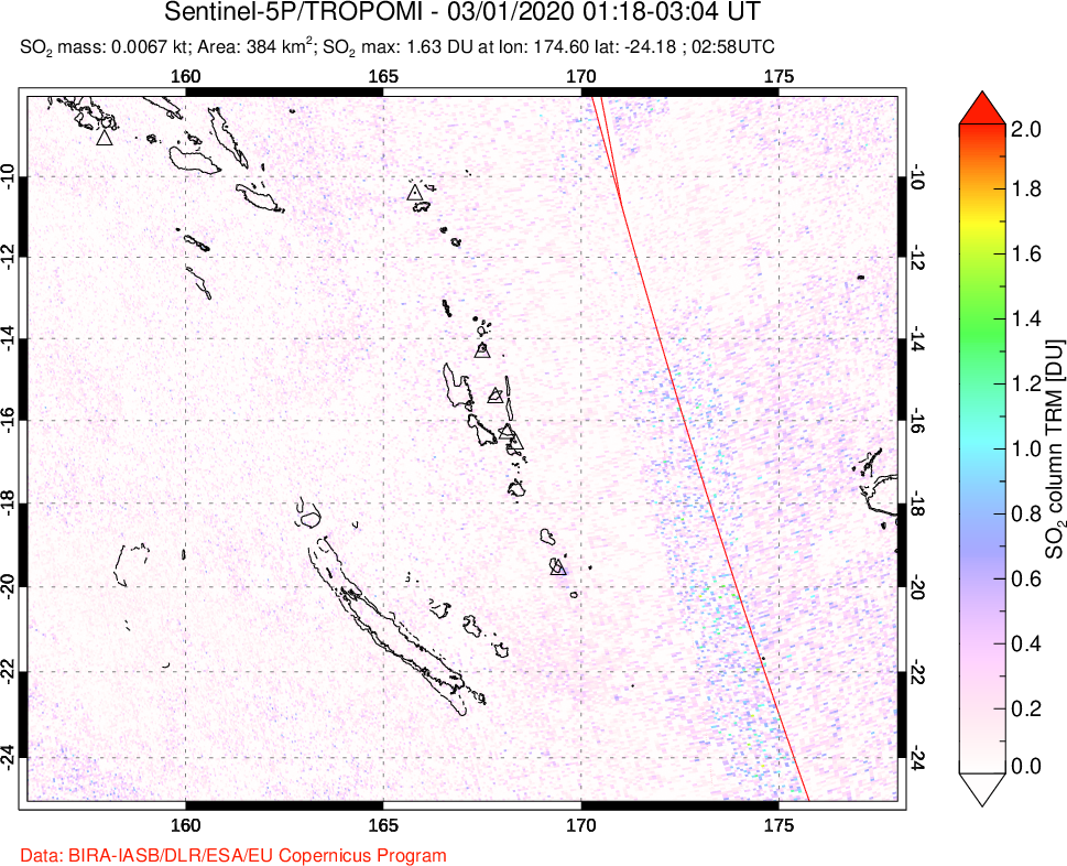 A sulfur dioxide image over Vanuatu, South Pacific on Mar 01, 2020.