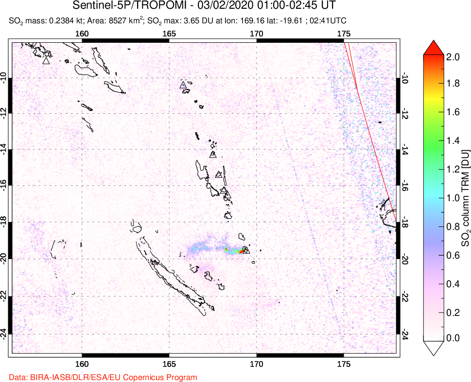 A sulfur dioxide image over Vanuatu, South Pacific on Mar 02, 2020.