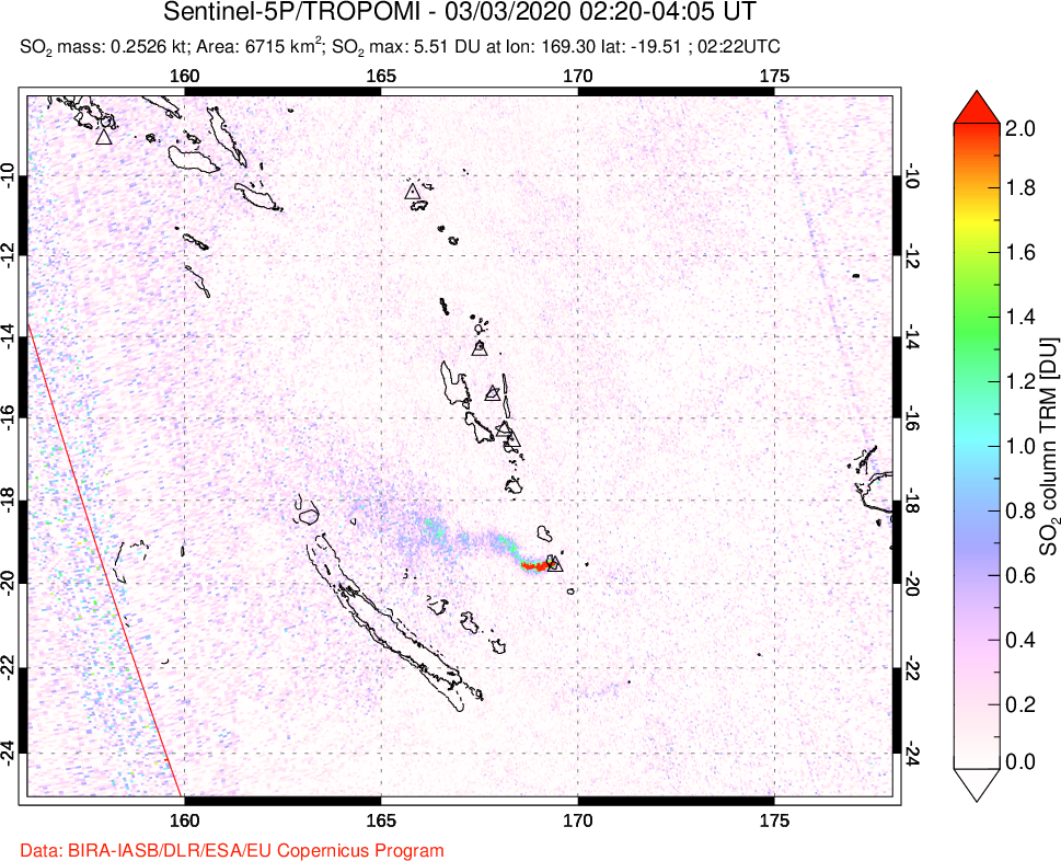 A sulfur dioxide image over Vanuatu, South Pacific on Mar 03, 2020.