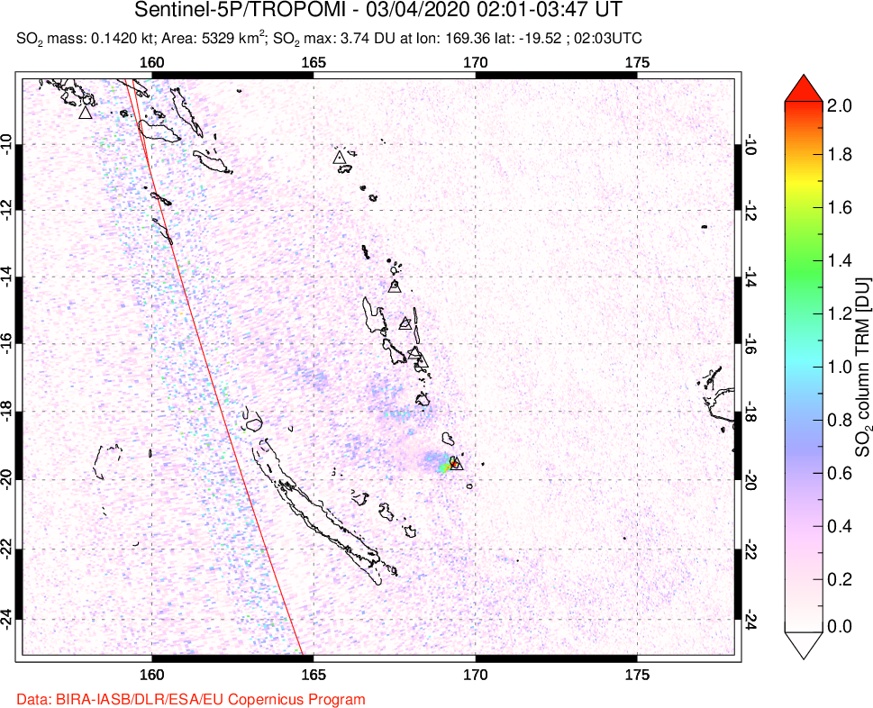A sulfur dioxide image over Vanuatu, South Pacific on Mar 04, 2020.