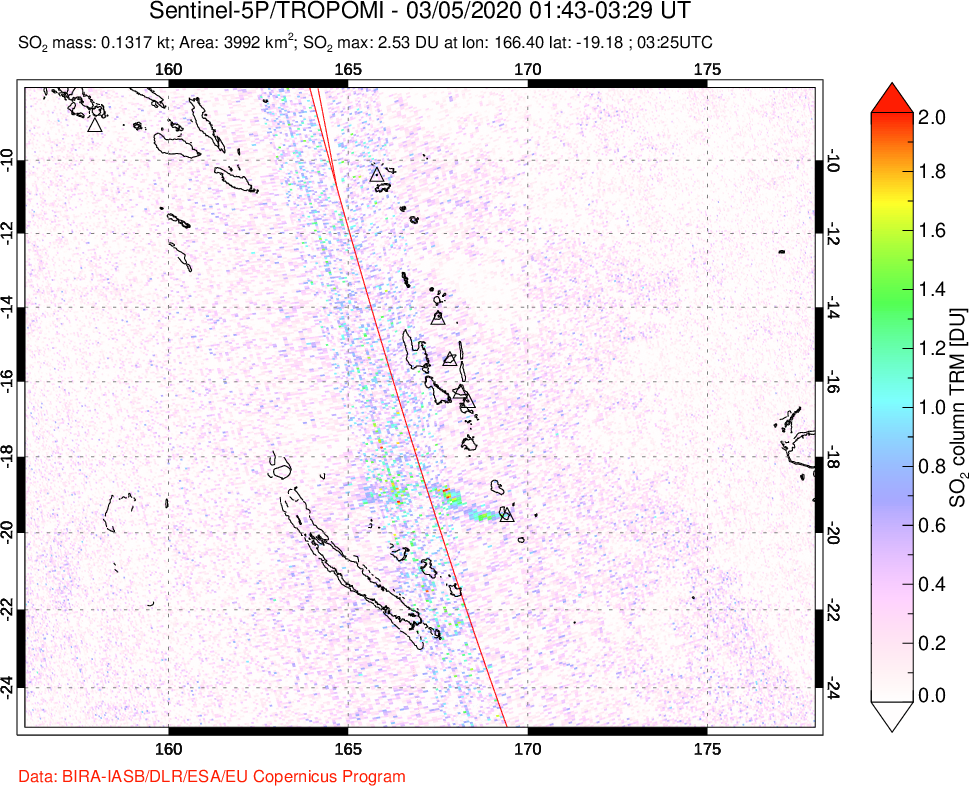 A sulfur dioxide image over Vanuatu, South Pacific on Mar 05, 2020.