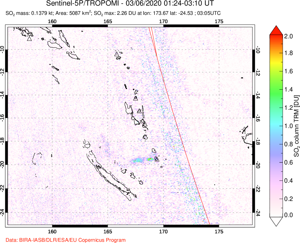 A sulfur dioxide image over Vanuatu, South Pacific on Mar 06, 2020.