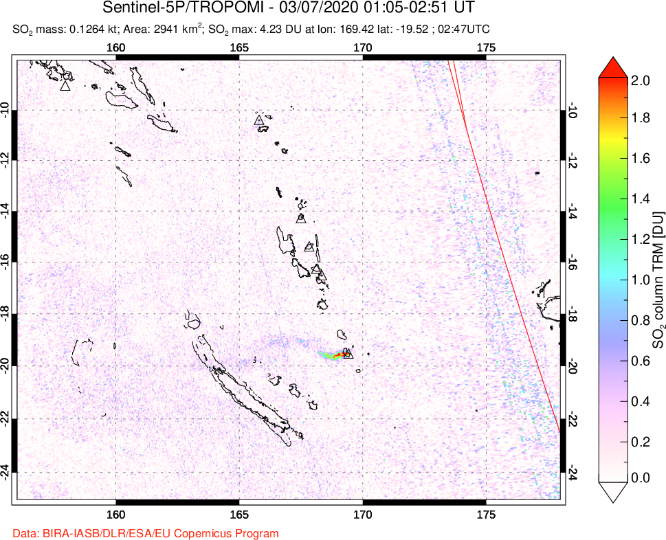 A sulfur dioxide image over Vanuatu, South Pacific on Mar 07, 2020.