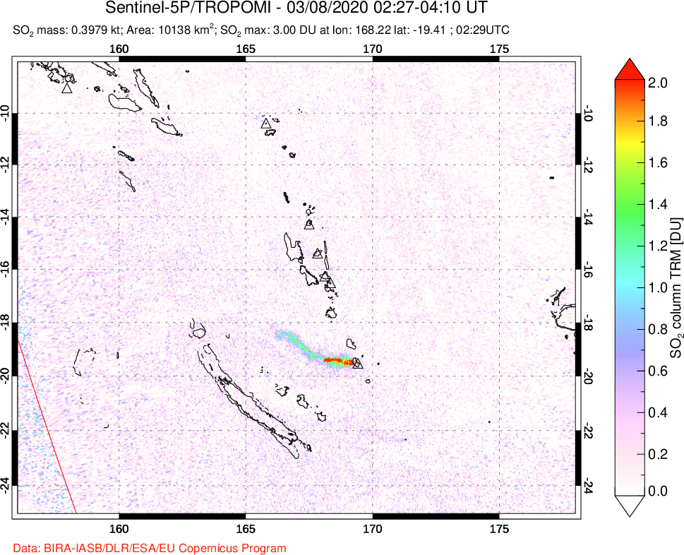 A sulfur dioxide image over Vanuatu, South Pacific on Mar 08, 2020.