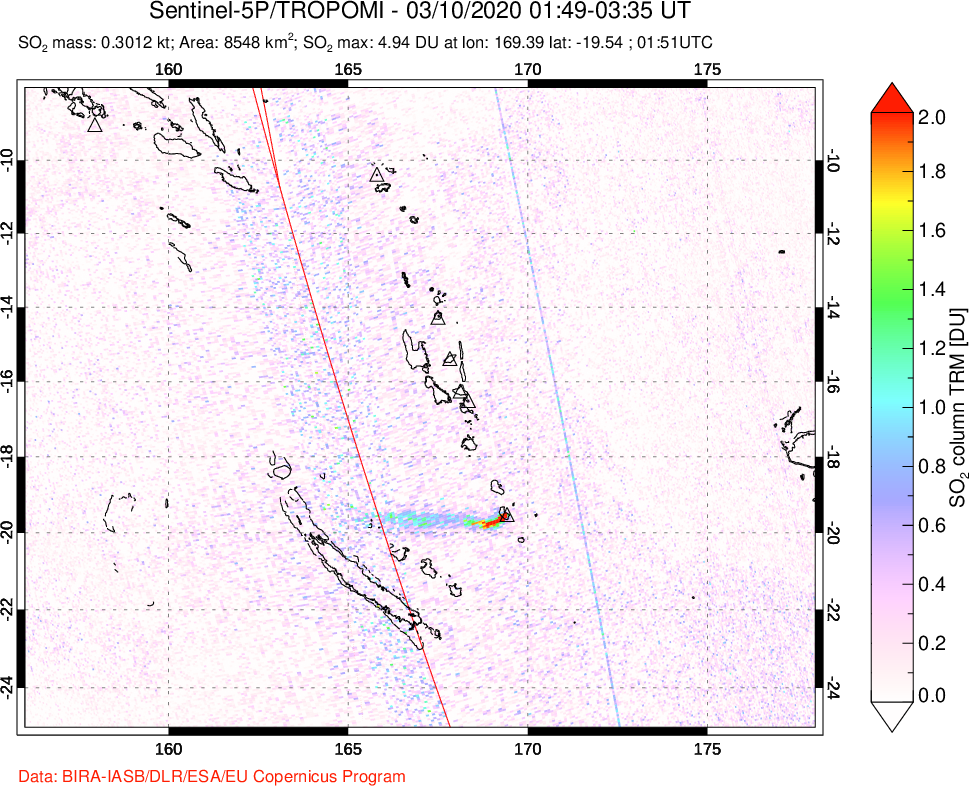 A sulfur dioxide image over Vanuatu, South Pacific on Mar 10, 2020.