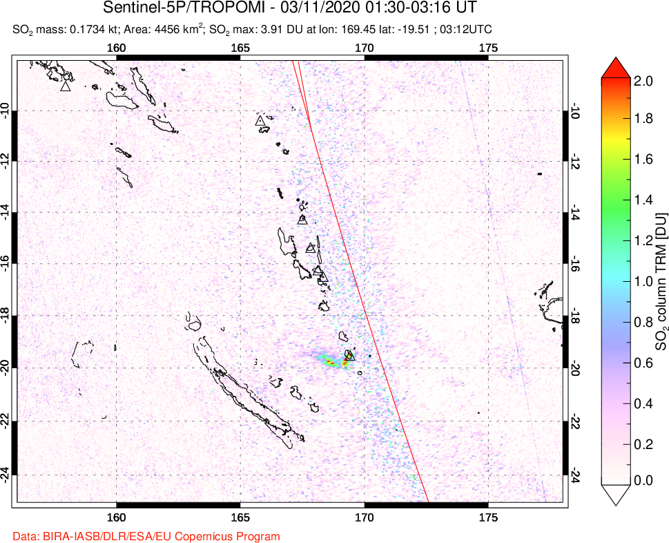 A sulfur dioxide image over Vanuatu, South Pacific on Mar 11, 2020.