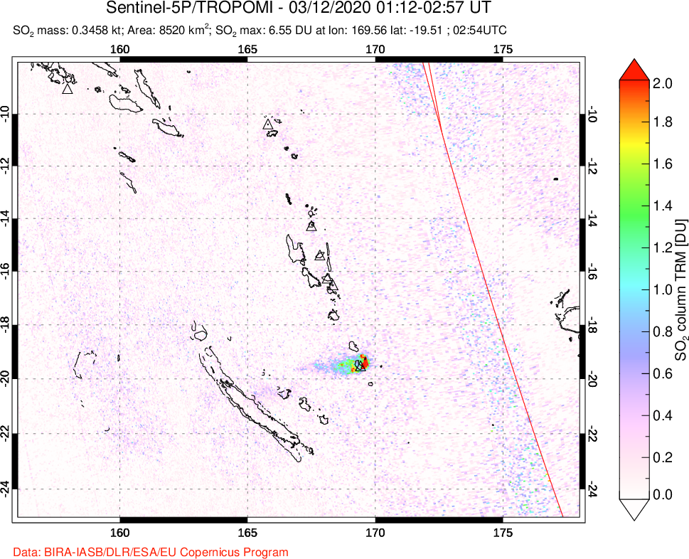 A sulfur dioxide image over Vanuatu, South Pacific on Mar 12, 2020.