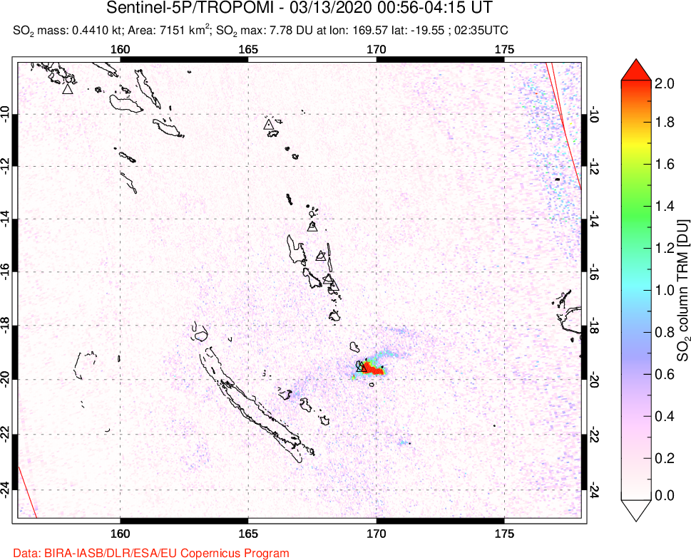 A sulfur dioxide image over Vanuatu, South Pacific on Mar 13, 2020.