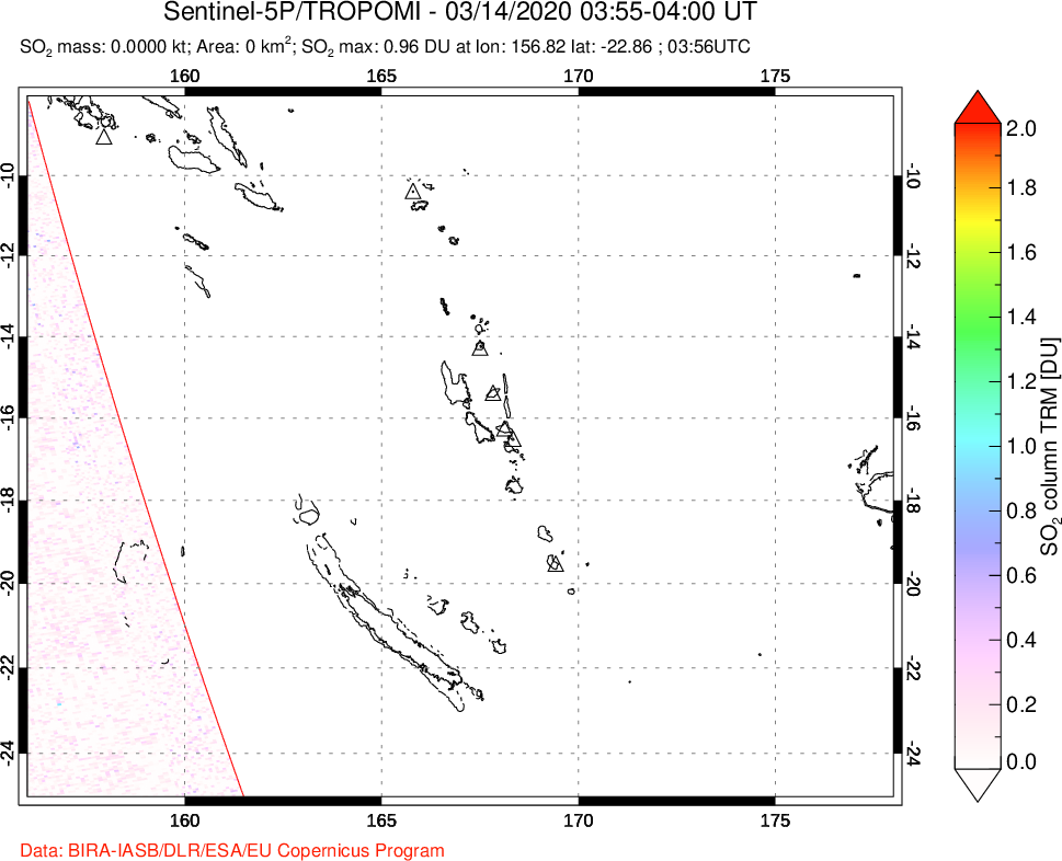 A sulfur dioxide image over Vanuatu, South Pacific on Mar 14, 2020.
