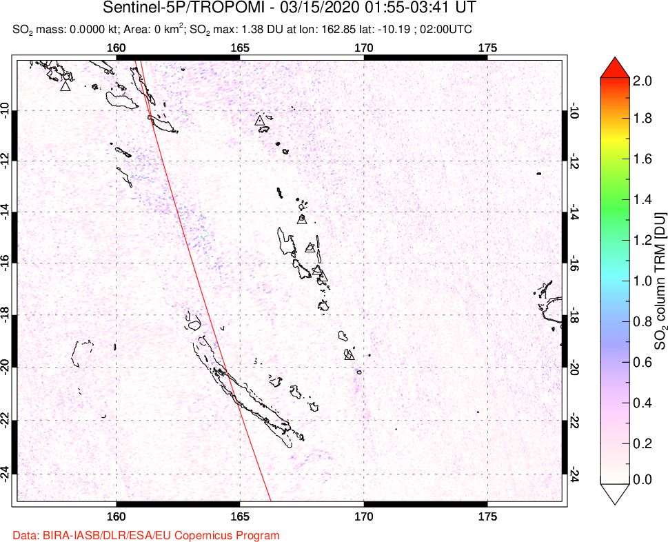 A sulfur dioxide image over Vanuatu, South Pacific on Mar 15, 2020.